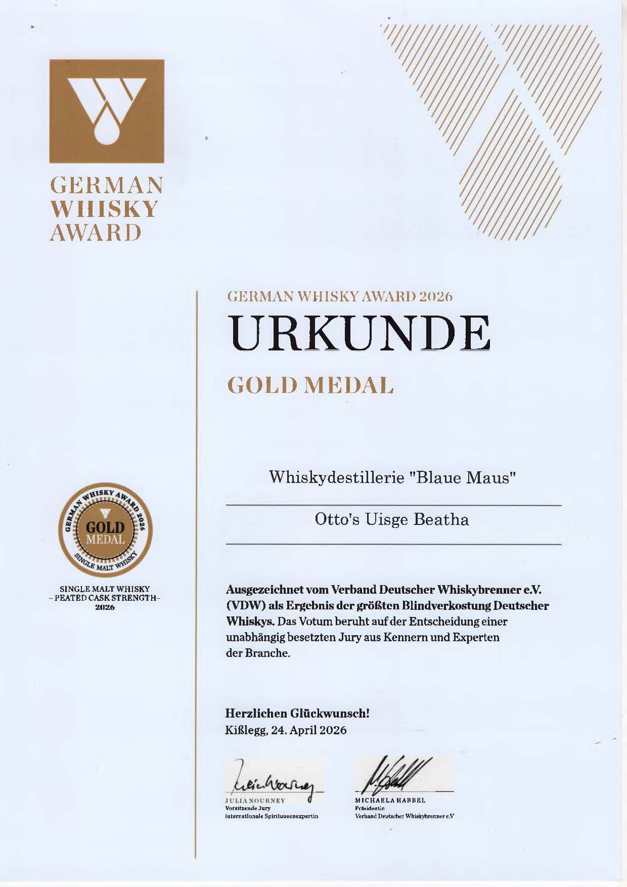 Urkunde Deutsche Prämierung Gold