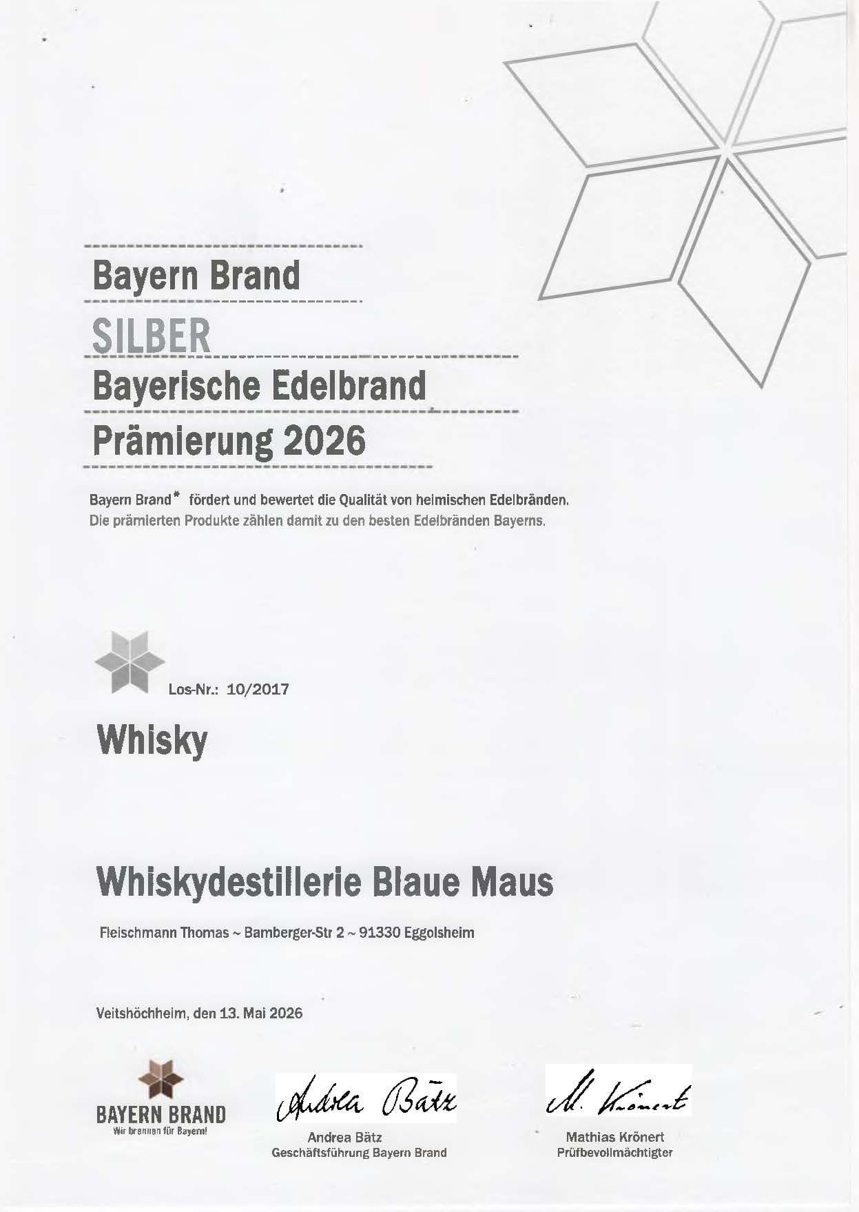 Urkunde Bayerische Prämierung Silber